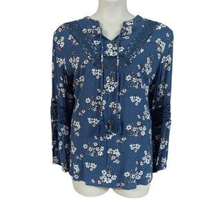 Falls Creek Women's Plus Size Floral Print Lace Detail Long Sleeve Blouse